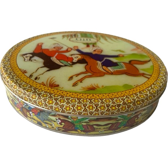 VTG Gift Persian Traditional Sweet Croquet Game Round Candy Metal Tin Canister - Picture 2 of 7
